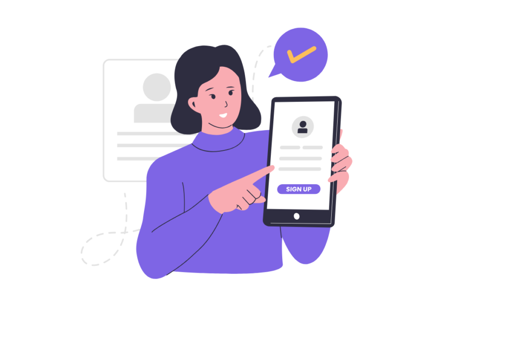 A cartoon of a user pointing at a sign-up form on a mobile device.