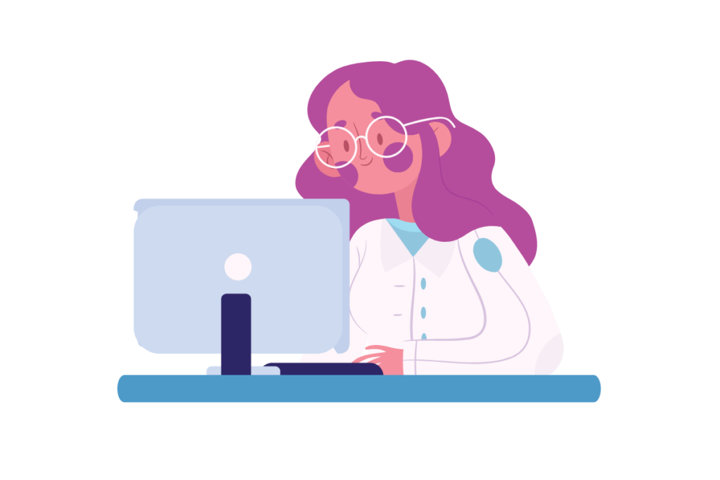 A cartoon of a person working on a computer.