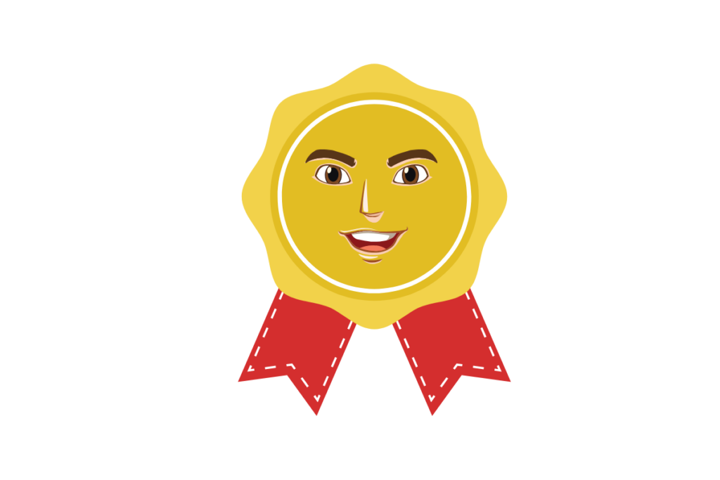 A cartoon of a gold medal with a smiling face.